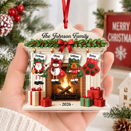 Custom Personalized Acrylic Ornament with Christmas Stockings & Fireplace B5KGU