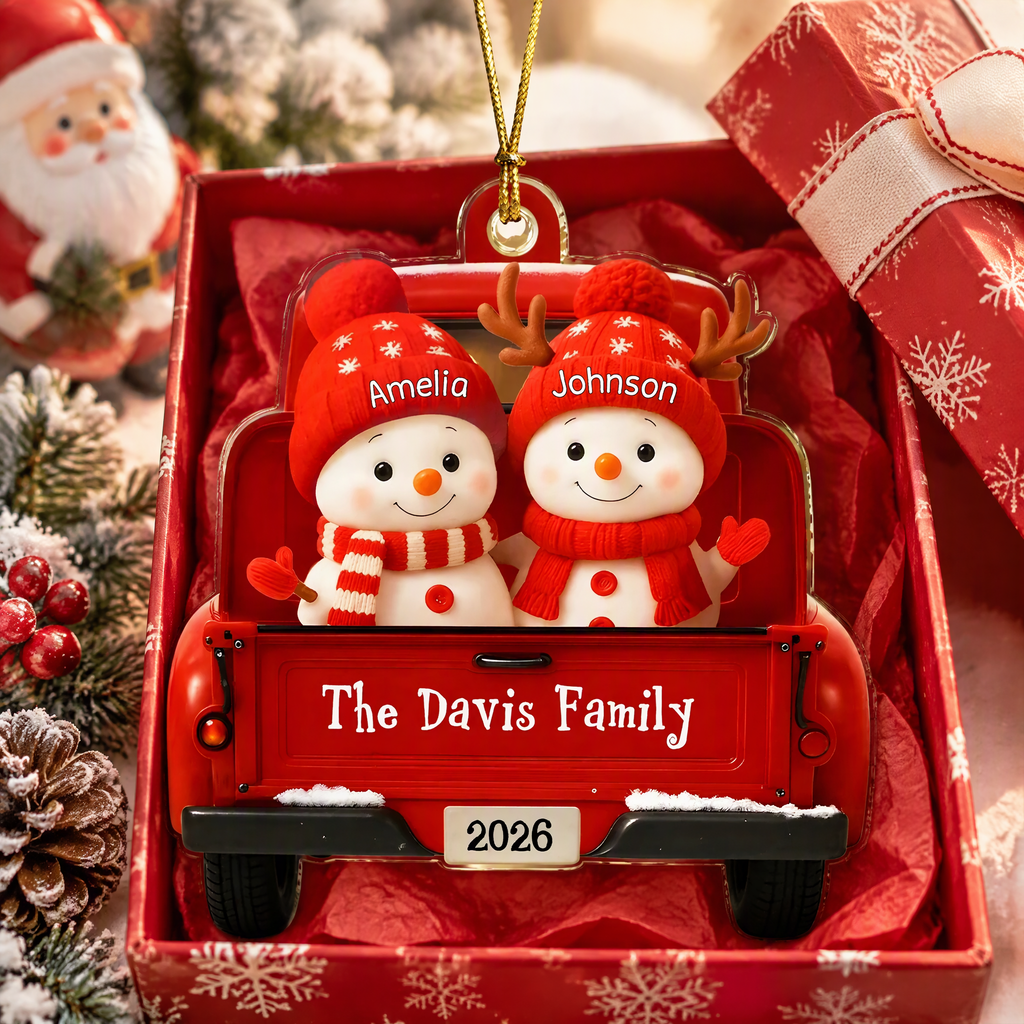 Custom Personalized Acrylic Ornament with Snowman Family Red Truck RAFD9