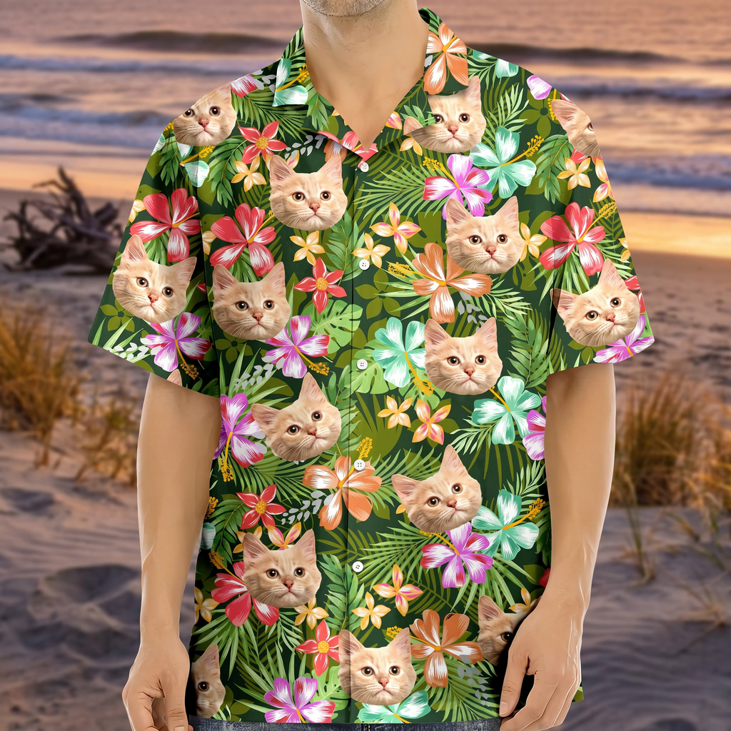 Custom Photo Funny Cat Family Tropical Hawaiian Shirt