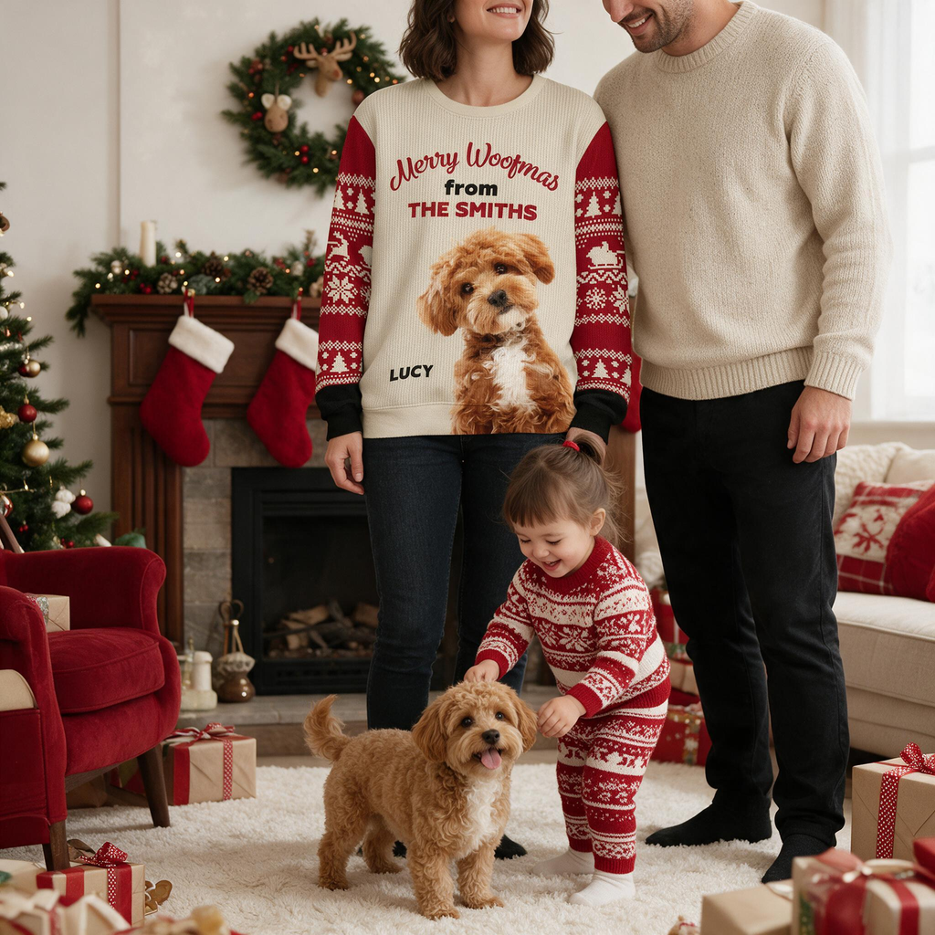 Custom Photo Upload Merry Woofmas Sweater with Fair Isle Sleeves 3Z32T