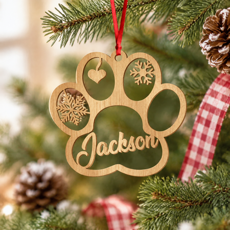 Custom Personalized Wood Ornament with Paw Print & Snowflakes TN3RN