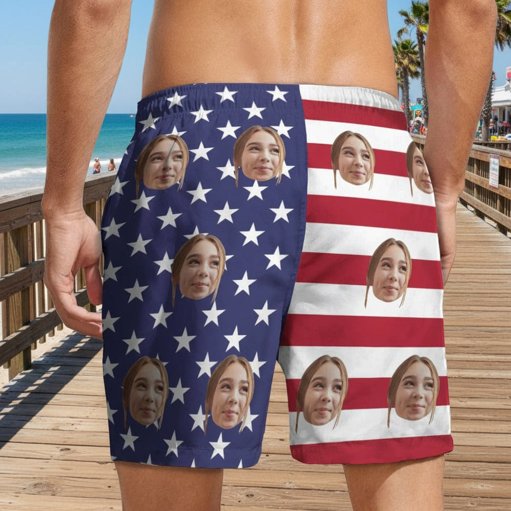 Custom Human Face American Flag Beach Short CTKC8