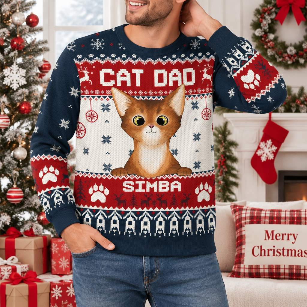 Custom Personalized Cat Dad Ugly Christmas Sweater with Photo Upload EE5WW