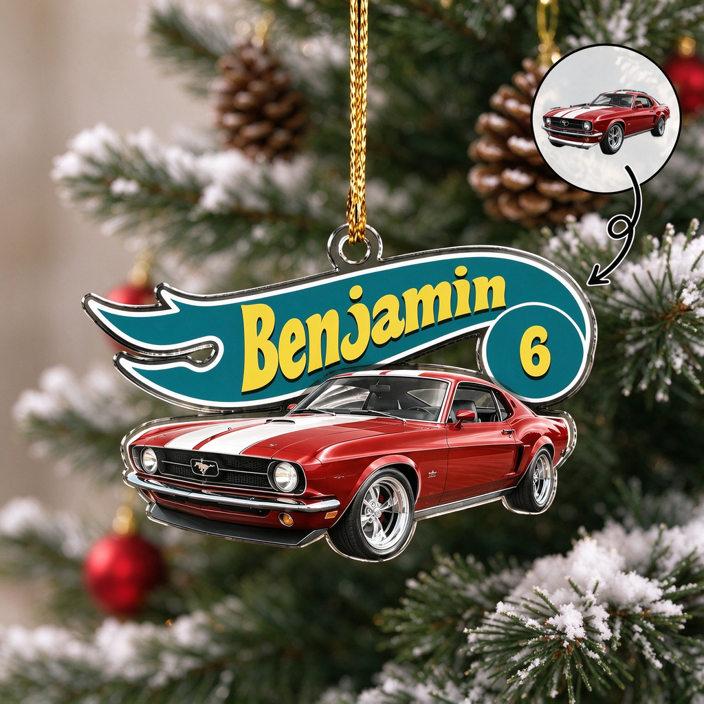 Custom Personalized Acrylic Ornament with Red Muscle Car BOL1M