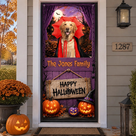 Custom Photo Upload Door Cover with Happy Halloween Pumpkins V7577