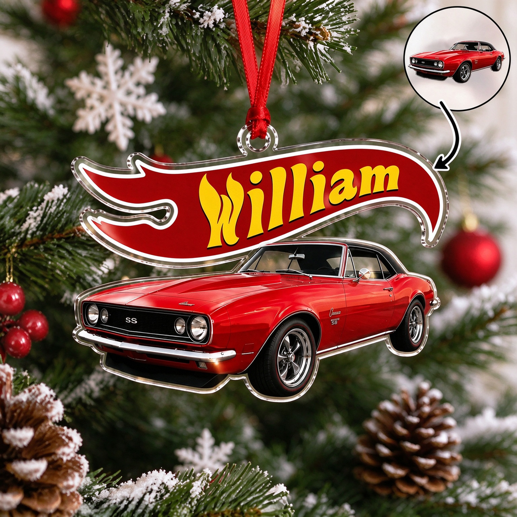 Custom Personalized Acrylic Ornament with Red Muscle Car BOL1M
