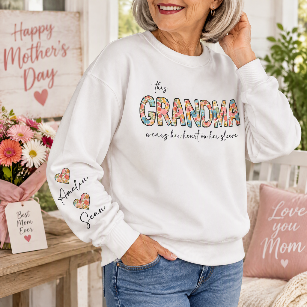 Custom Personalized Grandma Floral Hearts Sweatshirt with Sleeve Names Y7CAW