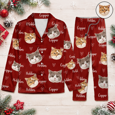Custom Photo Upload Pajamas with Cat Faces and Hearts TQTOX
