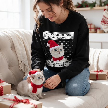 Custom Photo Upload Sweatshirt with Cat in Santa Hat Ugly Christmas OAUUQ