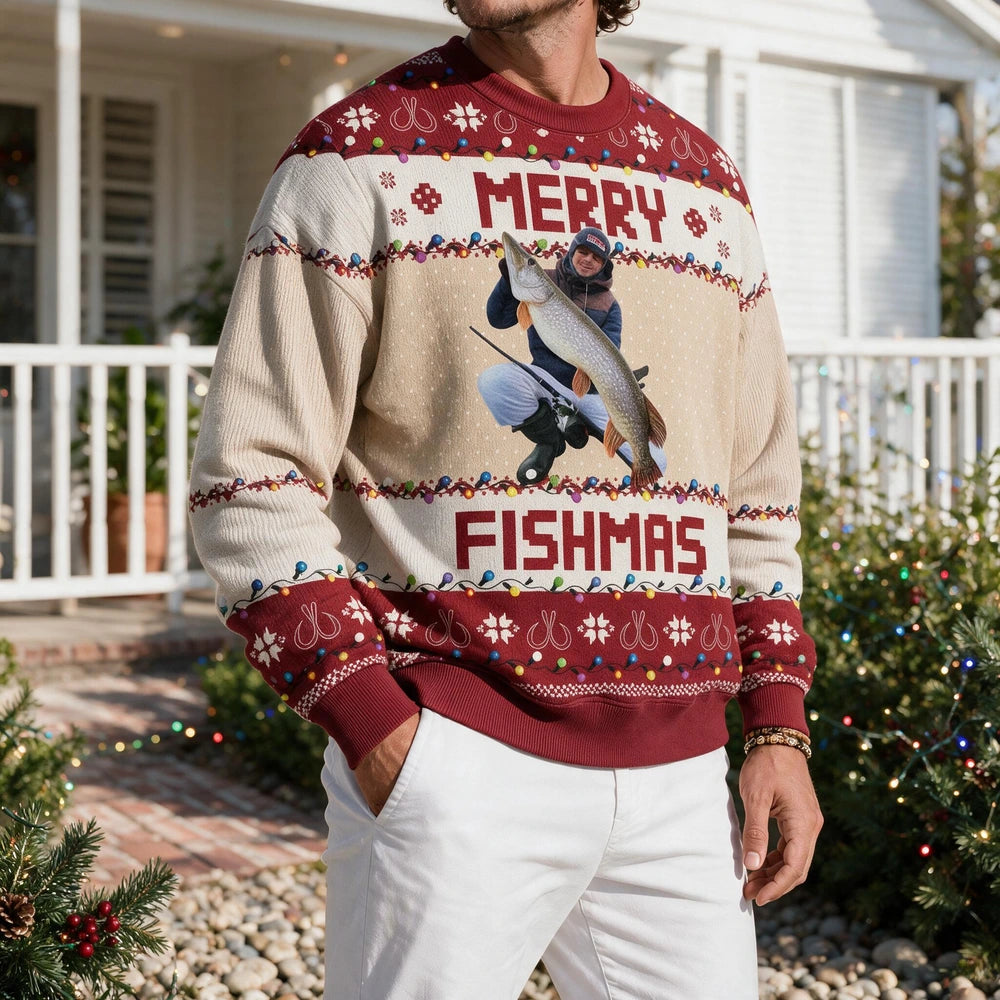 Custom Photo Merry Fishmas Gift For Fishing Lovers Ugly Sweater I694L