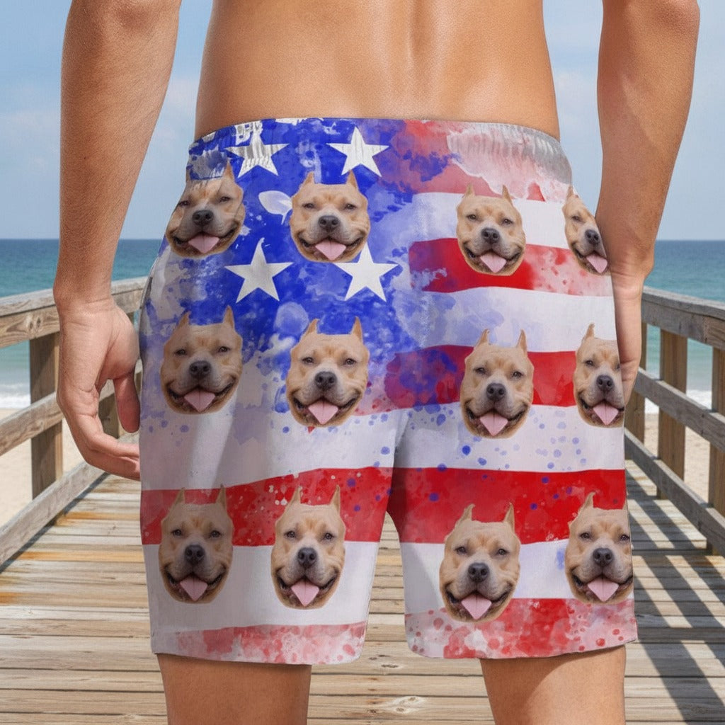 Custom Dog Photo With US Flag Beach Short HHY3P