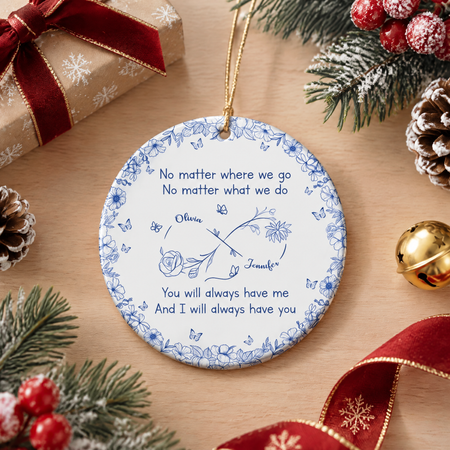 Custom Personalized Ceramic Ornament with Blue Floral Border RN59P