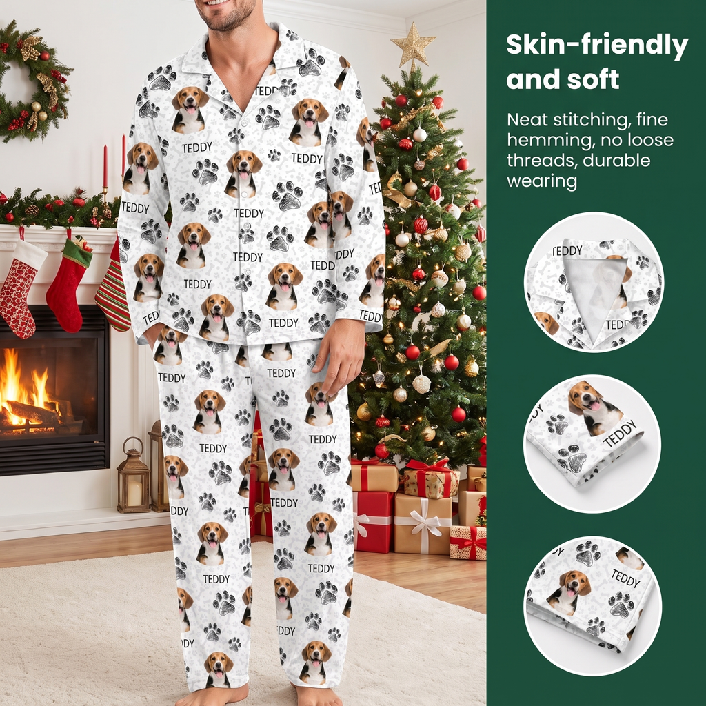 Custom Photo Upload Pajamas with Cat Portraits and Paw Prints 9JSU8