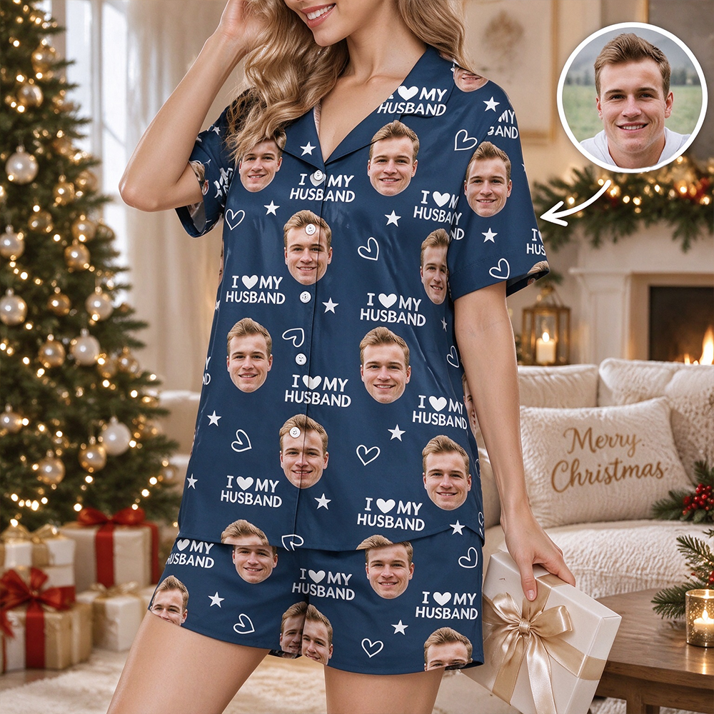 Custom Photo Upload Pajama Set with I Love My Husband Text & Stars DB9VM