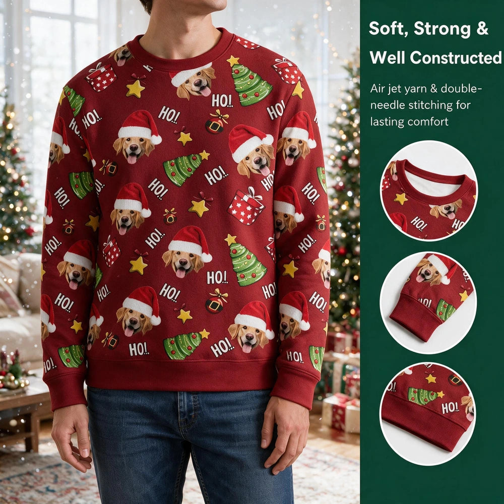 Custom Photo Upload Sweater with Santa Dog and HO! Christmas Pattern PK31S