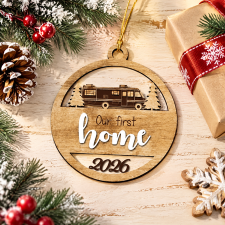 Custom Personalized Wood Ornament with RV Our First Home Text A6MVW
