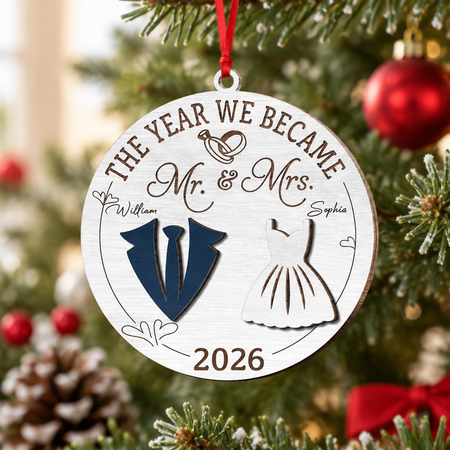 Custom Personalized Wood Ornament with Bride & Groom Silhouettes 6UHXS