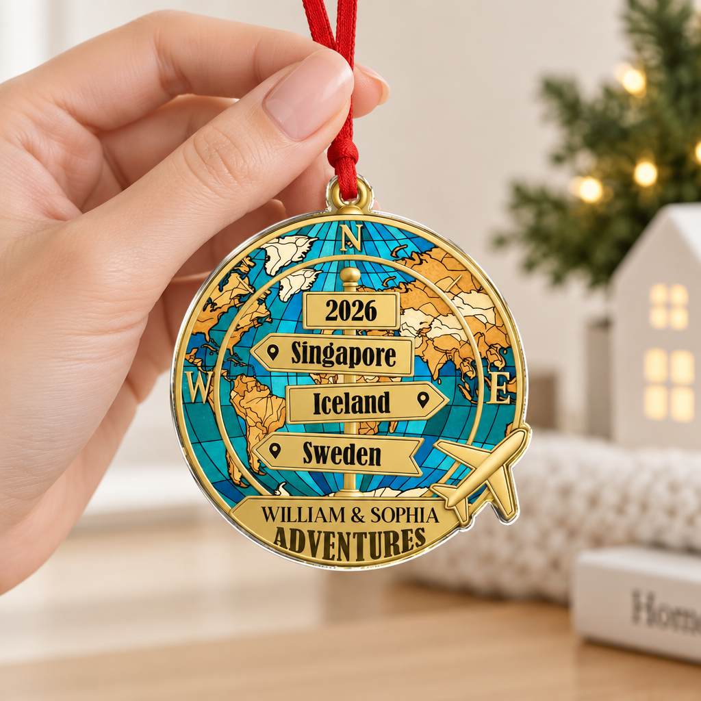 Custom Personalized Acrylic Ornament with World Map & Travel Signs 0DO2O