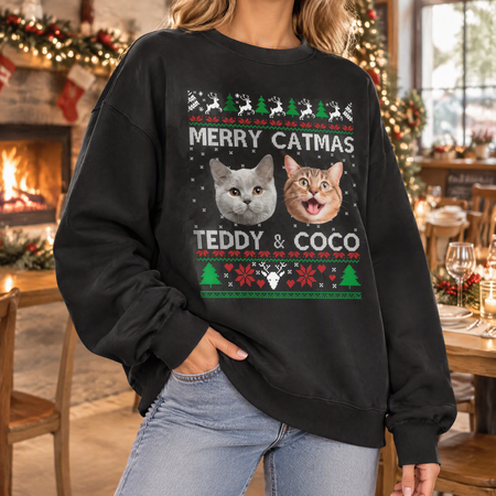 Custom Photo Upload Merry Catmas Sweatshirt with Ugly Sweater Design AUN5M