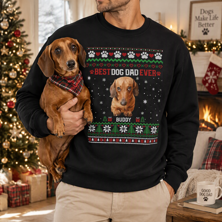 Custom Photo Upload Christmas Sweatshirt with Best Dog Dad Ever Design PDB96