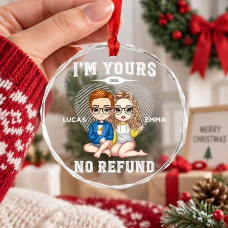 Custom Personalized Round Shaped Glass Ornament with Couple Design S4P4D