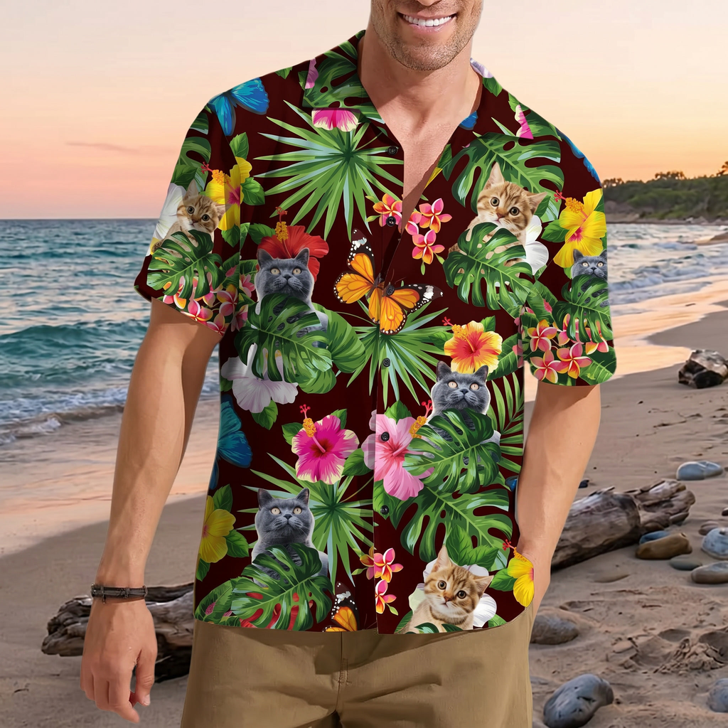 Custom Cat Photo With Tropical Hawaiian Shirt