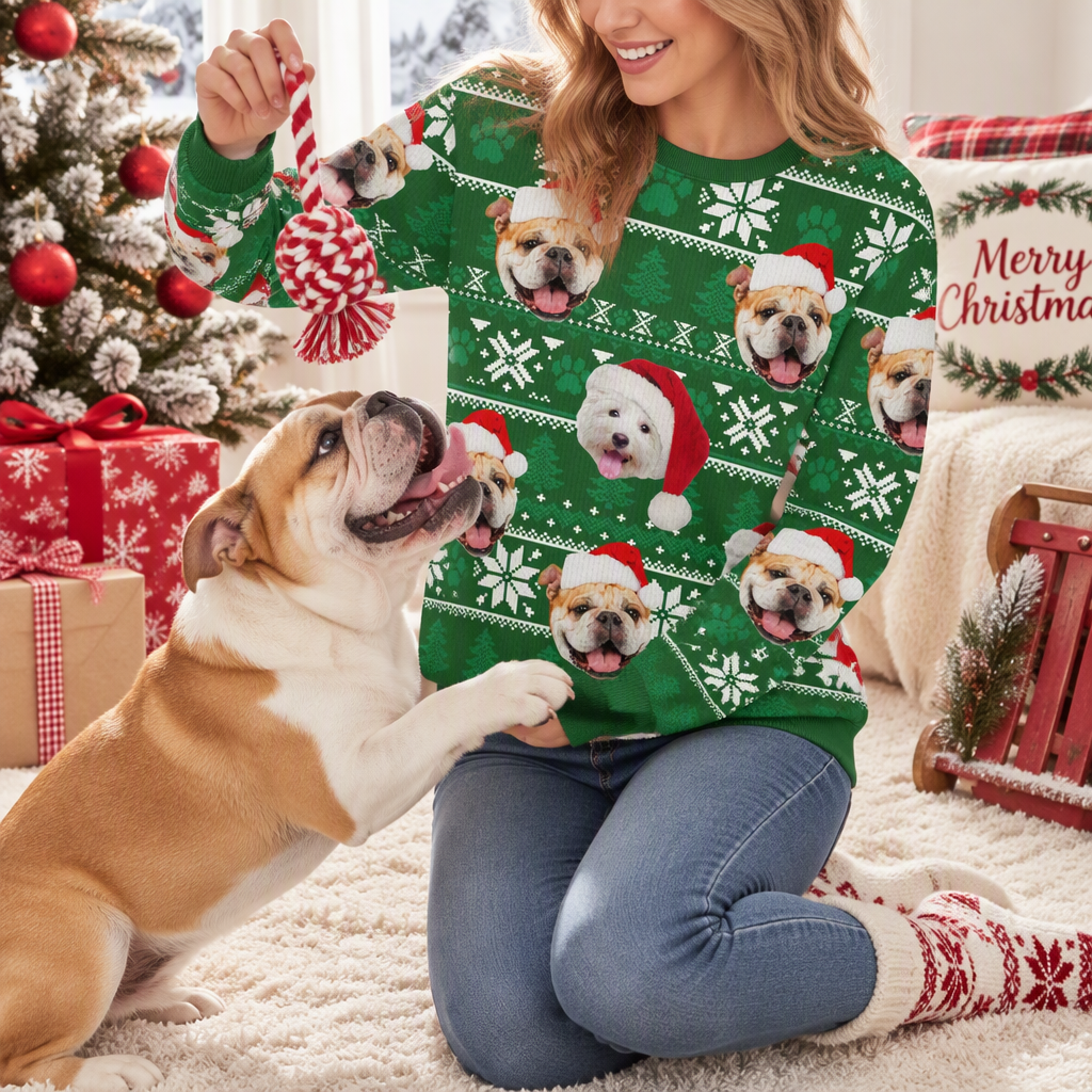 Custom Photo Upload Christmas Sweater with Dogs in Santa Hats KQAAE