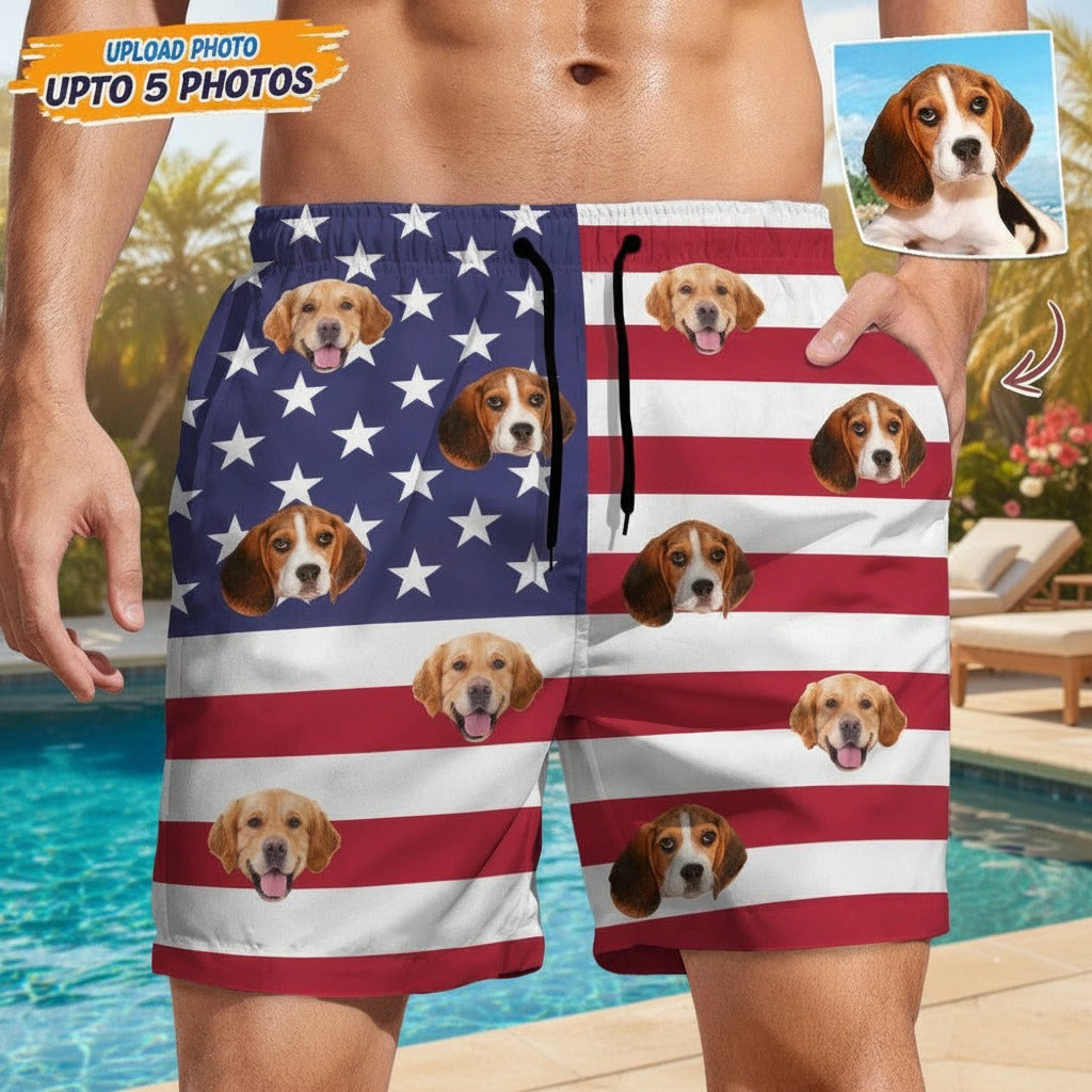 Custom Photo Dog Face American Flag Beach Short E3EAG