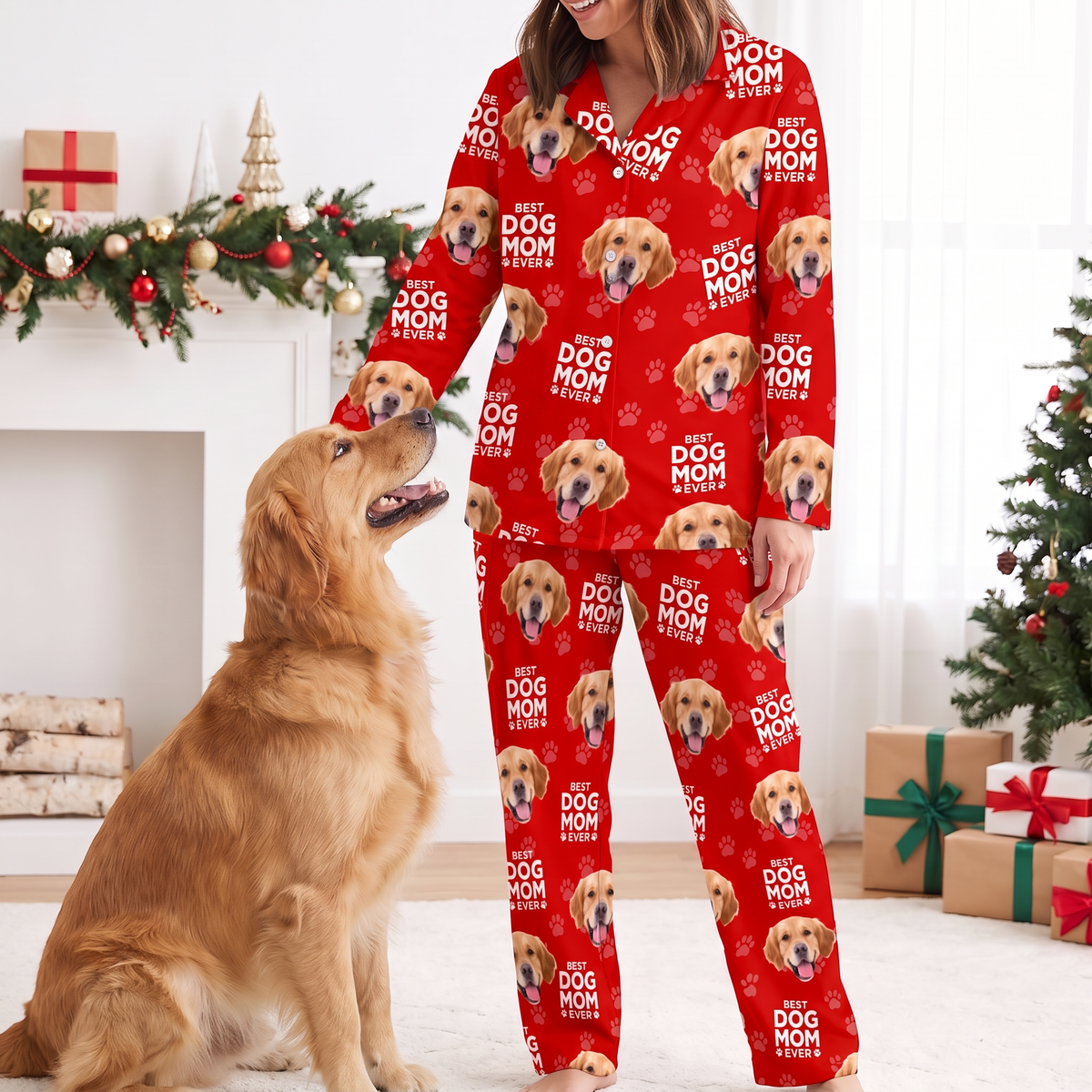 Custom Photo Upload Pajama Set with Best Dog Mom Ever & Paw Prints E9Q4M