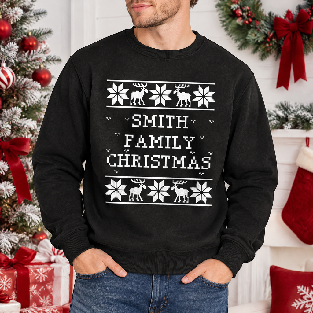 Custom Personalized Christmas Sweatshirt with Snowflakes & Reindeer E77E5