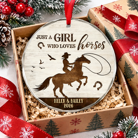 Custom Personalized Round Shaped Glass Ornament with Cowgirl & Horse 6J7SL