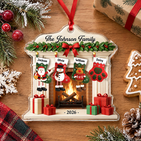 Custom Personalized Acrylic Ornament with Christmas Stockings & Fireplace B5KGU