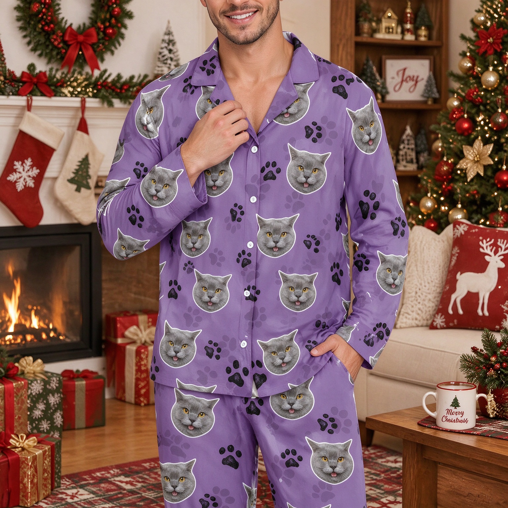 Custom Photo Upload Pajamas with Cat Faces and Paw Prints 3WVIA