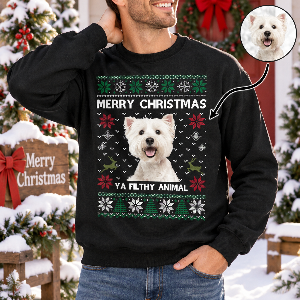 Custom Dog Face Merry Christmas Crewneck Sweatshirt — Custom Gift EEQQT