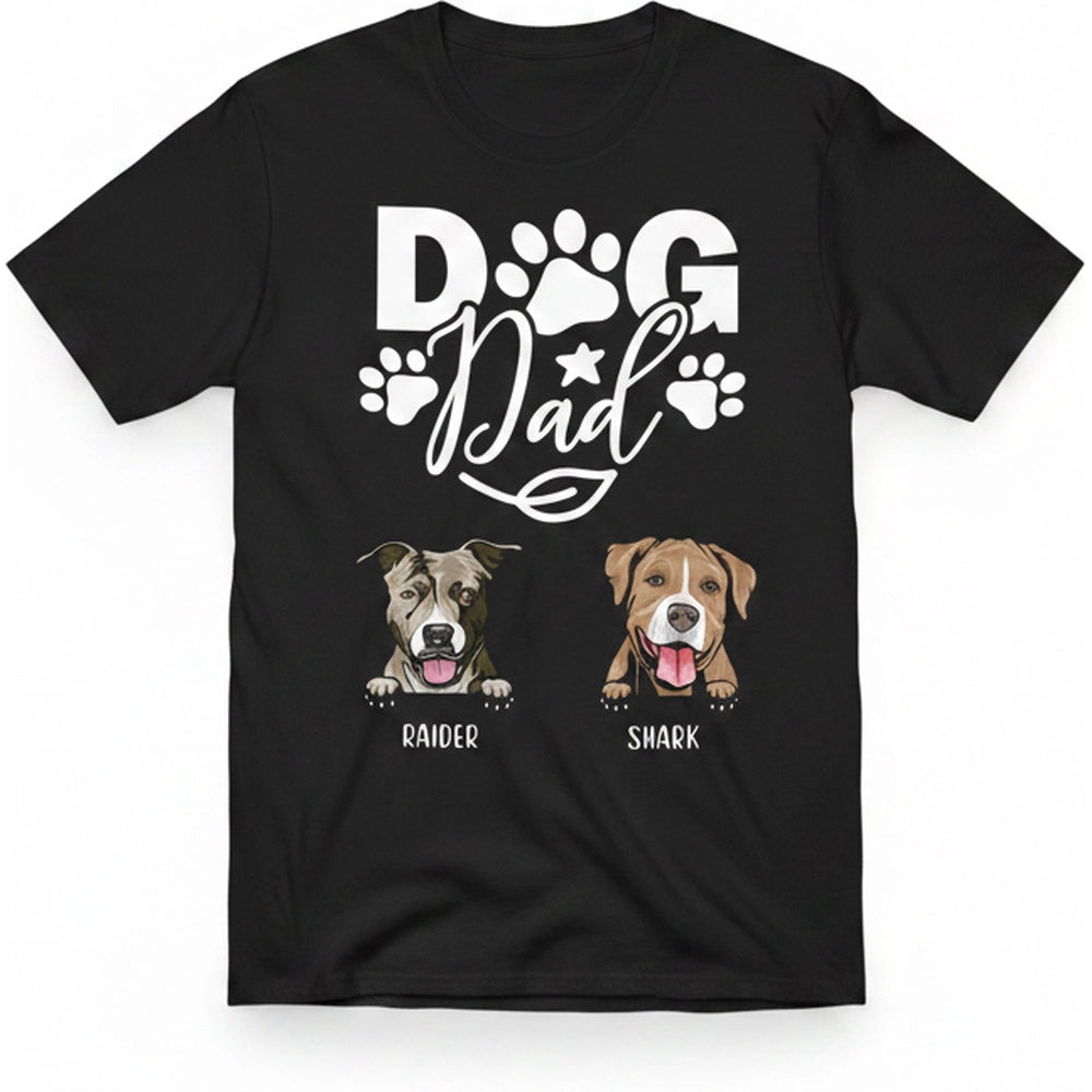 Custom Personalized Dog Dad T-Shirt with Photo Upload & Paw Prints product on white background