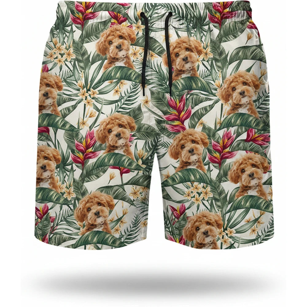 Custom Photo Upload Beach Shorts with Tropical Leaves & Flowers product on white background