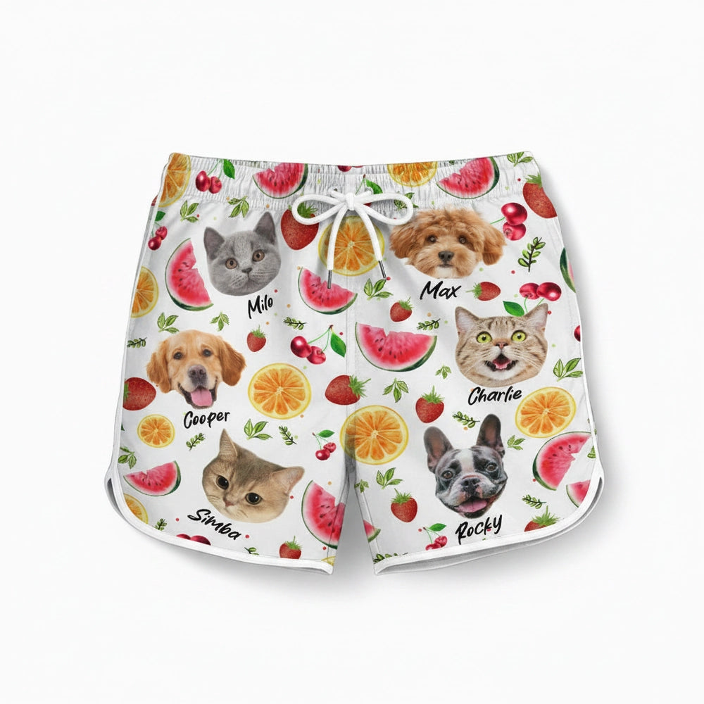 Custom Photo Upload Beach Shorts with Tropical Fruit Pattern product on white background