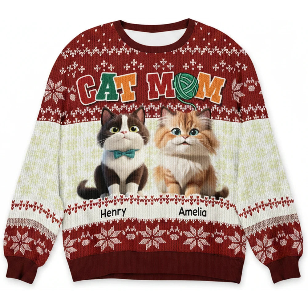 Custom Personalized Cat Mom Sweater with Cats and Snowflakes product on white background