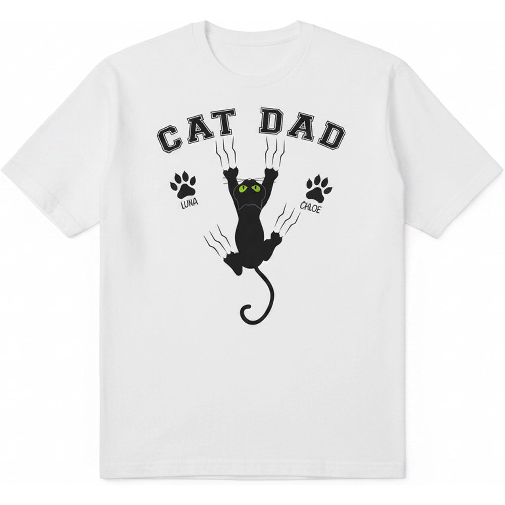 Custom Personalized Cat Dad T-Shirt with Paw Prints & Scratching Cat product on white background