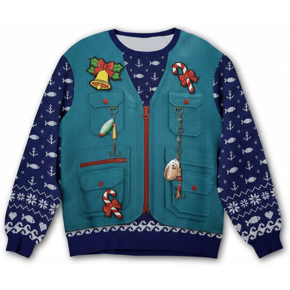 Custom Photo Upload Sweater with Merry Fishmas Fishing Theme product on white background