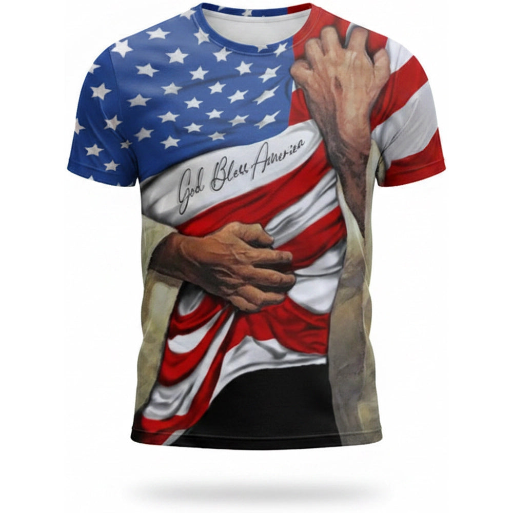 Custom Photo Upload T-Shirt with American Flag God Bless America product on white background