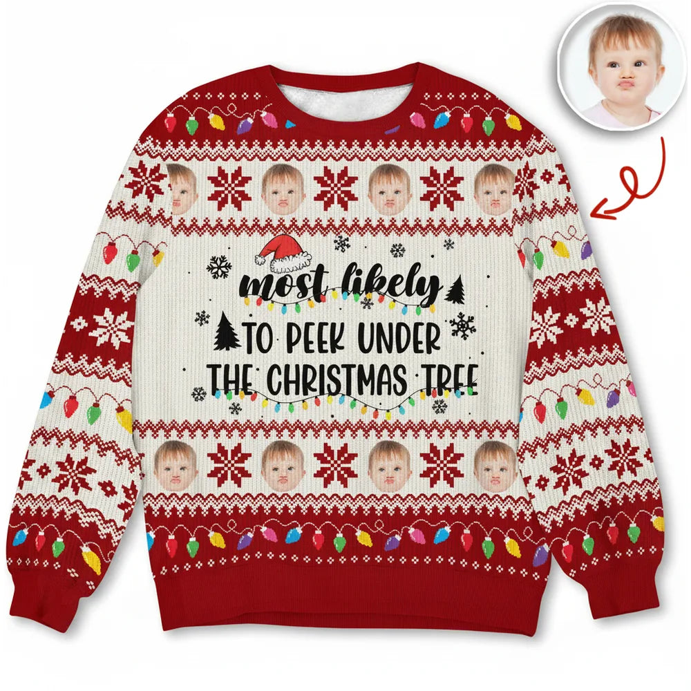 Custom Photo Upload Most Likely to Peek Under the Christmas Tree Sweater product on white
