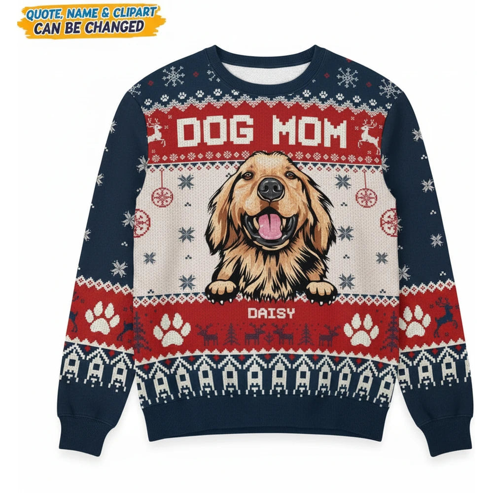 Custom Personalized Dog Mom Ugly Christmas Sweater with Golden Retriever product on white background