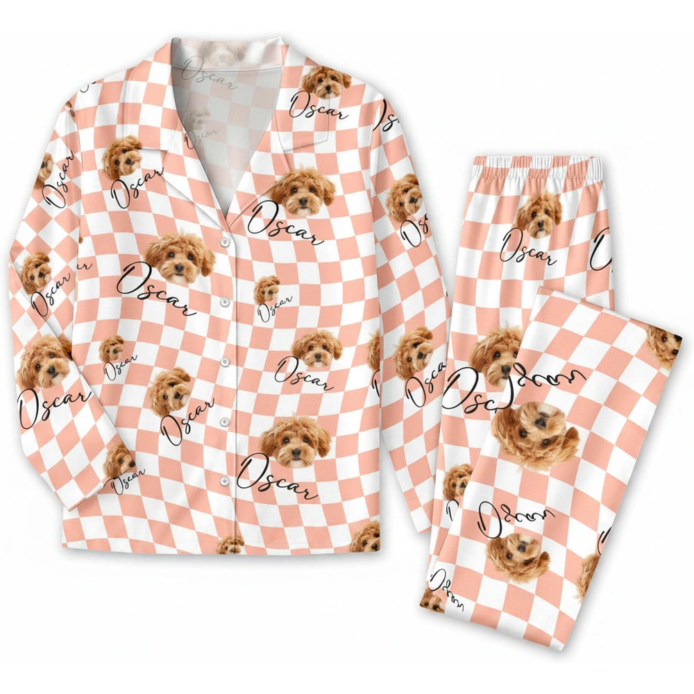 Custom Photo Upload Pajamas with Checkered Pattern & Dog Faces product on white background