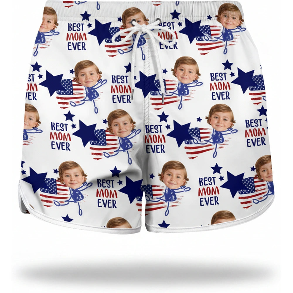 Custom Photo Upload Beach Shorts with American Flag Hearts & Stars product on white background
