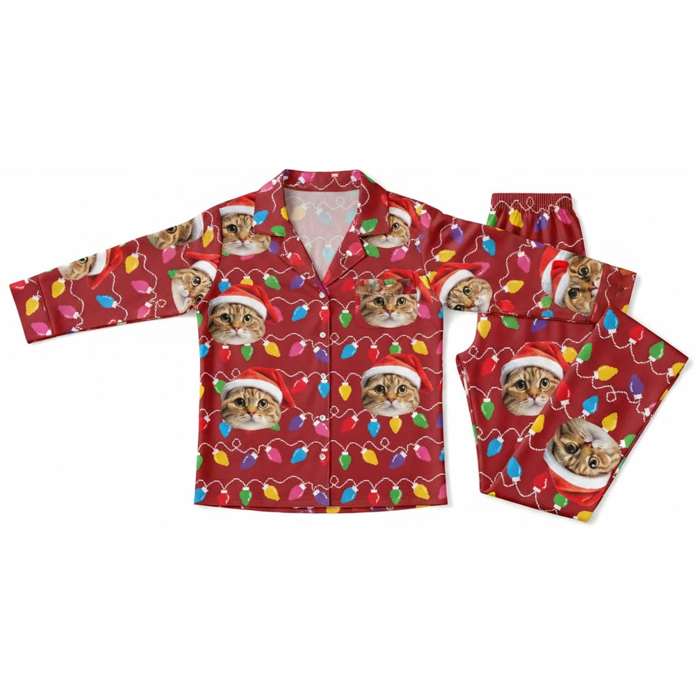 Custom Photo Upload Pajamas with Christmas Cats & Colorful Lights product on white background