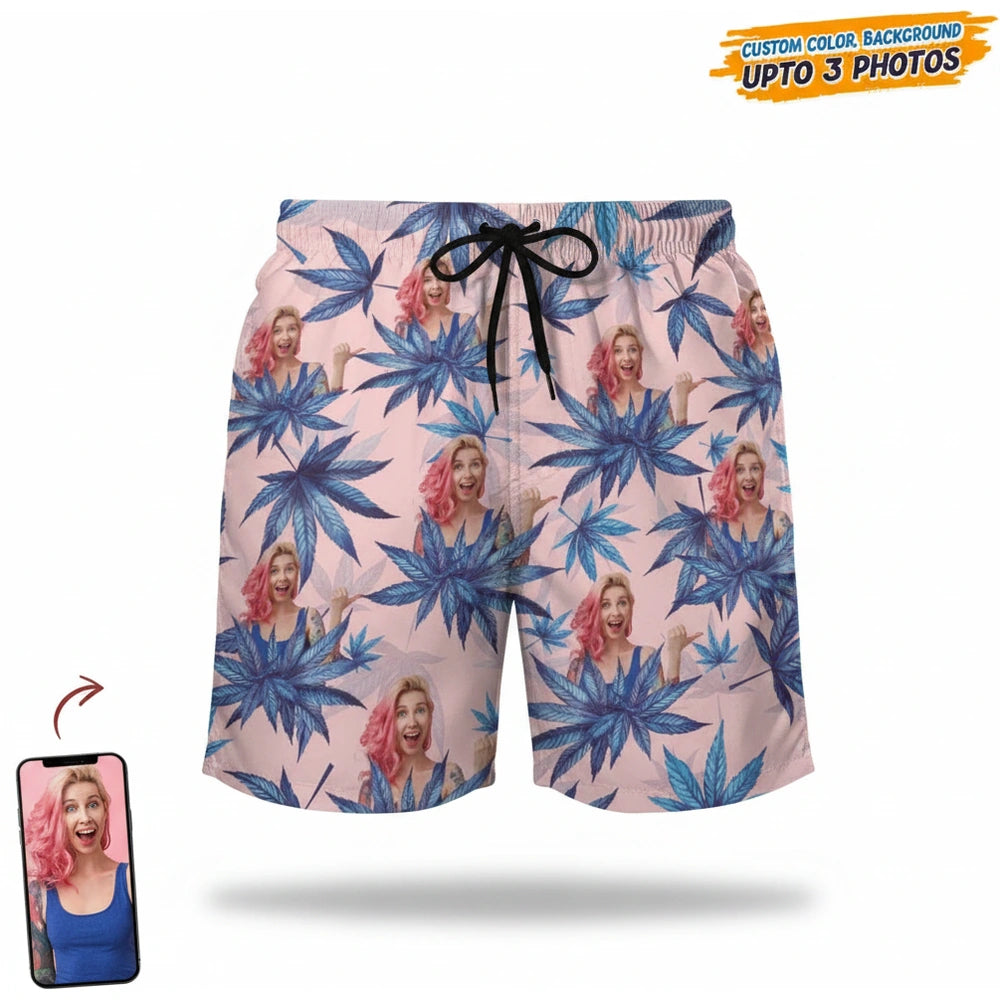 Custom Photo Upload Beach Shorts with Blue Palm Leaves product on white background