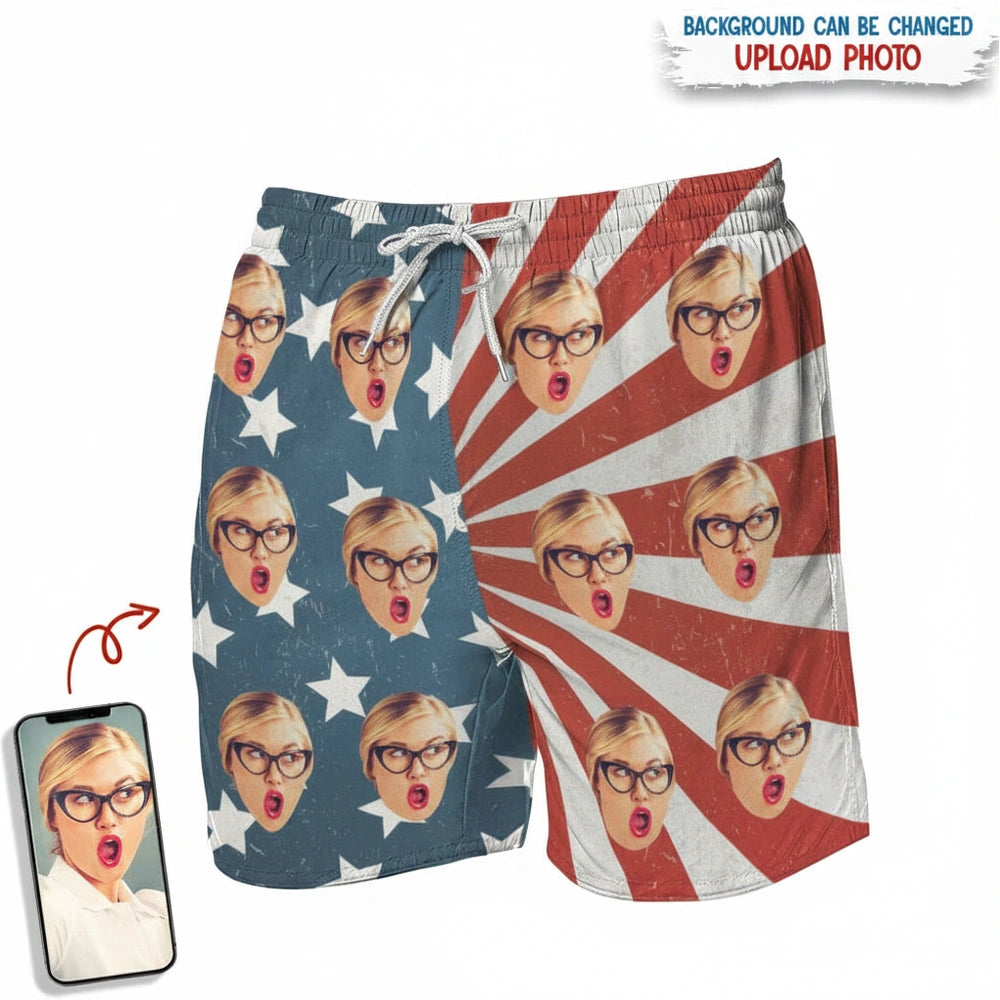 Custom Photo Upload Beach Shorts with American Flag Design product on white background