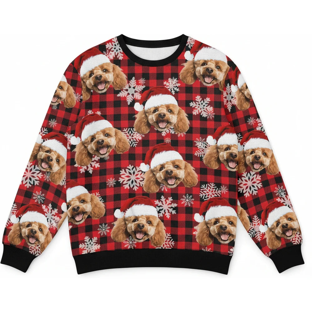 Custom Photo Upload Sweater with Buffalo Plaid and Snowflakes product on white background