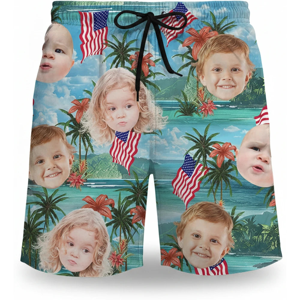 Custom Photo Upload Beach Shorts with Palm Trees & American Flags product on white background
